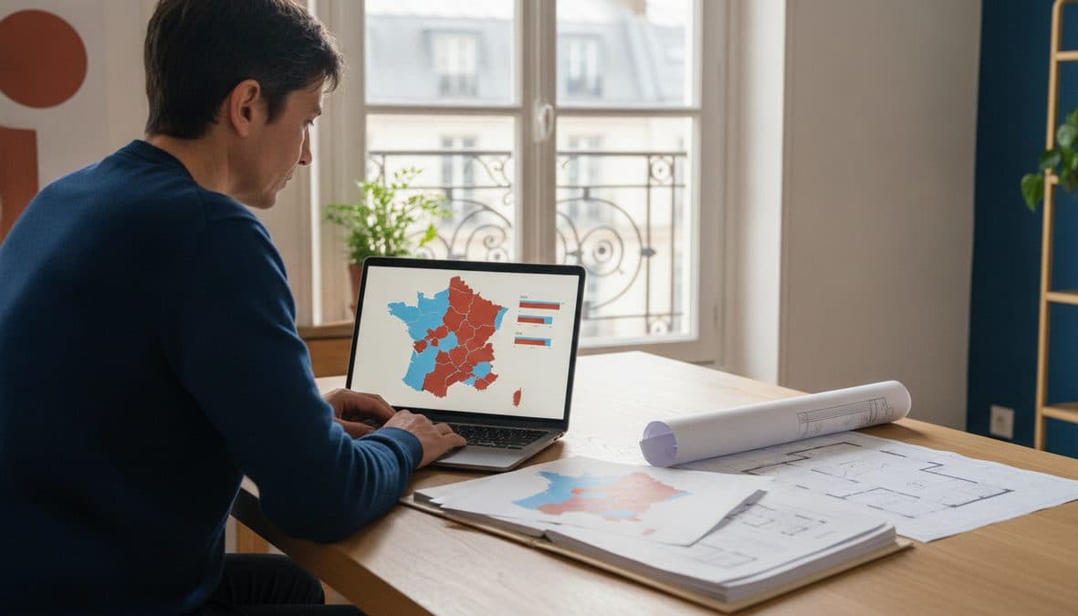 Carte de France stylisée en vecteur plat, la grande majorité des départements dans un aplat uni et une douzaine d'entre eux détachés dans une teinte…