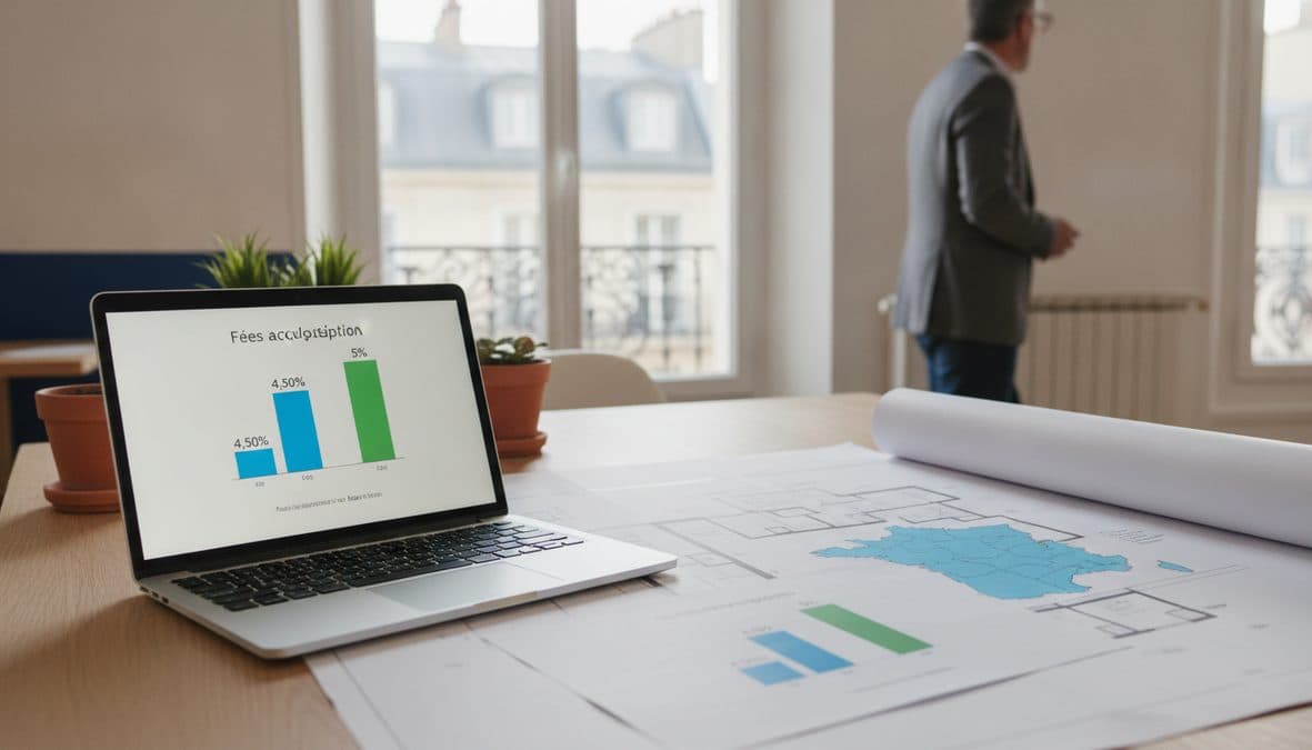 Sur l'écran d'un ordinateur portable et sur des feuilles imprimées posées sur une table, un graphique vectoriel plat en barres empilées compare deux colonnes…