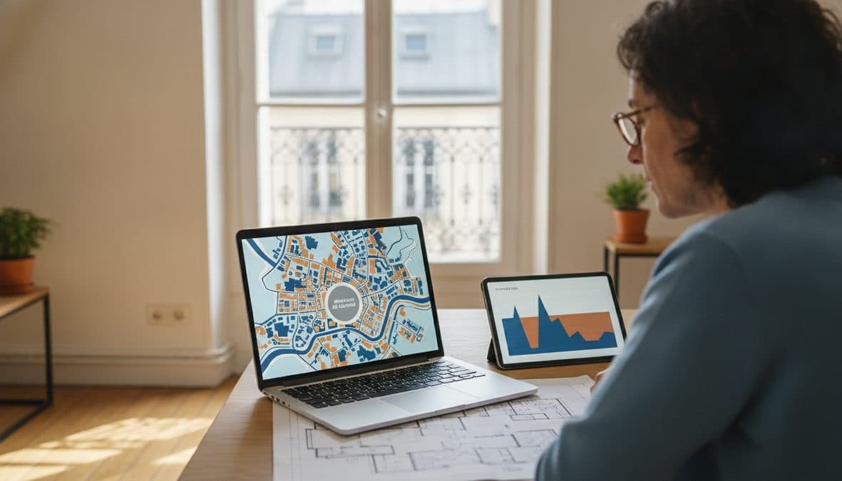 Un plan de quartier stylisé de Strasbourg en vectoriel plat affiché sur l'écran d'un ordinateur portable
