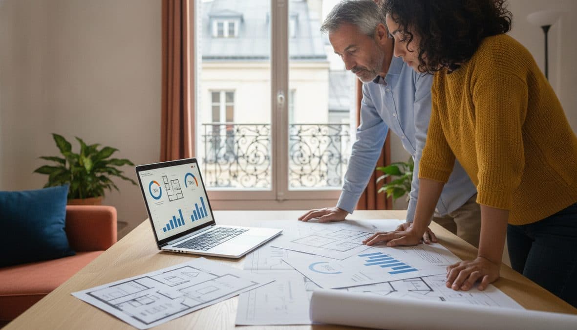 Sur l'écran d'un ordinateur portable et sur des feuilles imprimées posées sur la table, une fiche de bien schématique en style vectoriel plat
